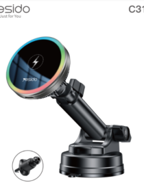 Car phone mount with wireless charger C315 featuring a rainbow lit circular charging pad and adjustable armball joint for dashboard installation Yesido