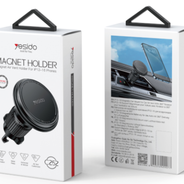 Two Vesido Magnet Holder packaging boxes displayed side by side; front shows a circular car vent magnet and product name, back shows a phone mounted in a car dashboard setup.