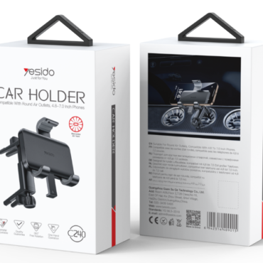 Front and back view of a white retail box for a car phone holder showing a black adjustable mount on the left and product details labeled CAR HOLDER with red accents and brand logo designed for air vent use