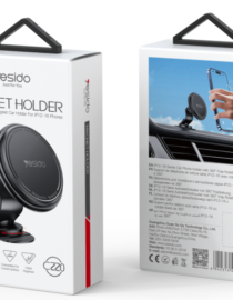Packaging boxes for a car magnetic phone holder front shows the mount attached to a car vent back shows a hand placing a phone on the mount