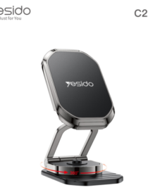 Yesido C222 wireless charging stand with a black panel and chrome frame shown on a swiveling base ready to charge a phone