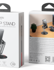 Front of Yesido DeskTop Stand packaging showing a 360° rotation adjustable aluminum desktop stand with a phone mounted on it