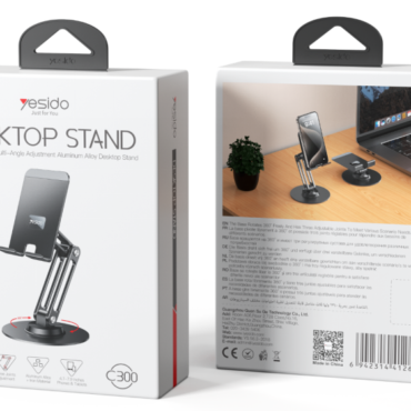 image218png - المول الشامل في الاردن Front of Yesido DeskTop Stand packaging showing a 360° rotation adjustable aluminum desktop stand with a phone mounted on it