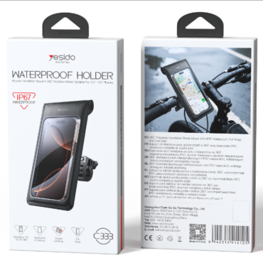 Waterproof phone holder for handlebars showing front packaging with phone inside a black mount on a bike handlebar