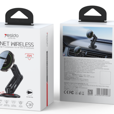 image234png - المول الشامل في الاردن Front and back views of a white magnet wireless car charger packaging box set showing a mounted phone holder with adjustable arm and air vent clip 15W fast charge branding and product image on the front
