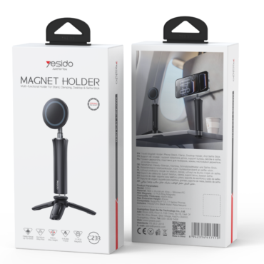 Front of product box labeled MAGNET HOLDER with a black magnetic phone stand on a tripod base and Yesido branding Part of a two box package