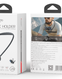 Box set for Vlog Neck Holderneck mounted action cameraphone holder with phone on a flexible arm front view