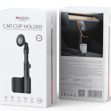 Two Yesido Car Cup Holder packaging boxes; left box shows the mounted holder, right box shows the car mount installed in a vehicle