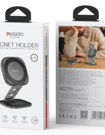 image250png - المول الشامل في الاردن Yesido Magnet Holder folding desktop phone stand packaging showing front view with the device on a stand left and back view with specs right