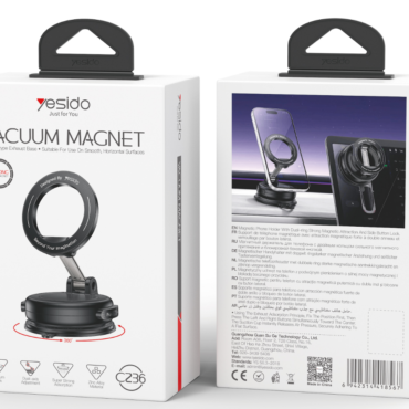 Packaging image of two Yesido Vacuum Magnet boxes front and back views featuring a circular phone stand graphic and 360° base on the front box