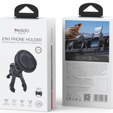 Front and back views of Yesido 2 in 1 Phone Holder packaging left box shows the product image with a foldable clamp right box shows an installation image and text