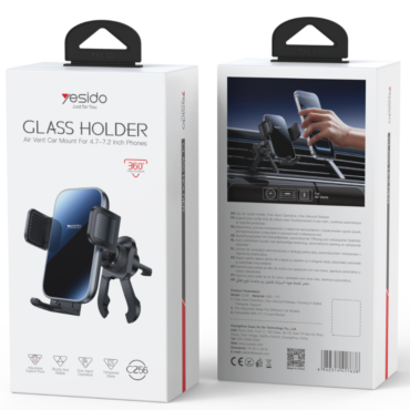 Packaging for Yesido Glass Holder car vent phone mount designed for 4772 inch phones shows two white boxes with mounted smartphones on the front