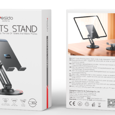 Front of Yesido Tablets Stand box showing an adjustable desktop tablet holder with a mounted tablet and 360° rotation label