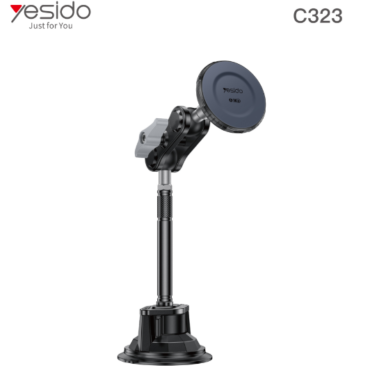 Desk microphone stand with an adjustable arm and a blue circular top labeled C323 on a suction base