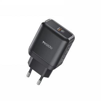 Black USB wall charger with two round European plug pins and a USB port on the side/top area