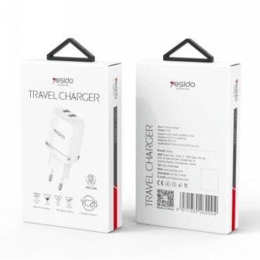 Two white travel charger boxes shown from front and back, hanging display, branded Yesido Travel Charger with product image on front and technical details and barcode on back