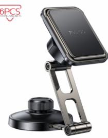Magnetic car phone holder with an adjustable arm and suction cup base supporting a smartphone in landscape orientation