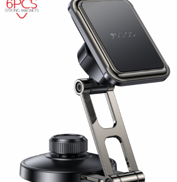 Magnetic car phone holder with an adjustable arm and suction cup base supporting a smartphone in landscape orientation