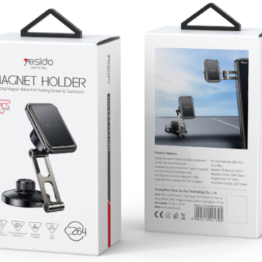 Pair of white Magnet Holder product boxes showing a carmount phone holder with adjustable arm front and back views highlight features and packaging