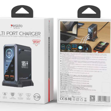 Two Yesido product boxes for a Multi Port Charger; the front shows a blue-lit charger with '185W' and '105W' labels, and the back panel displays technical details and multiple ports.