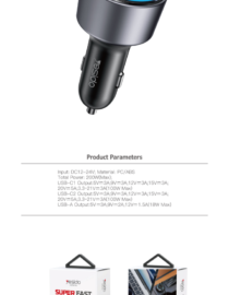 Yesido Y59 car charger with blue ring and USB ports shown with product parameters and two retail boxes