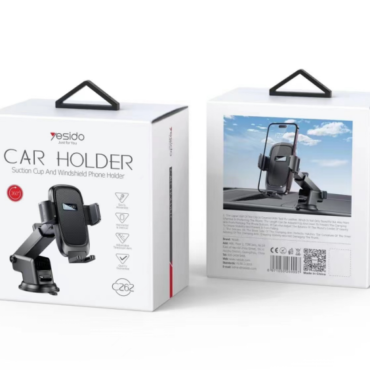 Boxed car phone holder with suction cup for windshield shown from front and back views brand Yesido on the packaging