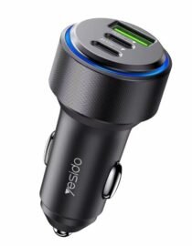 Black car charger plug with two USB A ports and a blue ring designed to be inserted into a cars 12V socket for charging devices