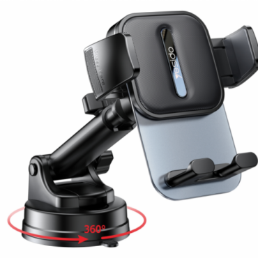 Car phone holder mounted on a ball joint arm with a 360° rotating base holding a smartphone in landscape orientation