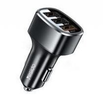 Black car charger with two USB ports for charging devices in a vehicle
