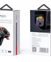 Box packaging for a car FM transmitter front shows the transmitter device plugged into a car charger in a sleek black design with product name on the box