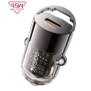 USB C PD car charger with 45W max output transparent housing shows the internal circuit board