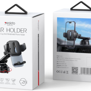 Two white product boxes for a car phone holder one shows the mounted holder with phone the other shows a photo of the product on a car dashboard side
