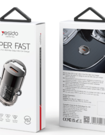 image440png - المول الشامل في الاردن Package design for Yesido Super Fast car charger front shows 45W max output and product image back shows technical specs barcode and a close up of the charger on a carbon fiber surface