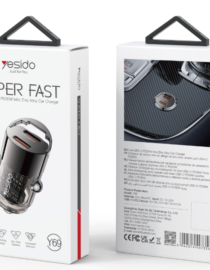 Front and back views of the Sesido Super Fast dual USB C PD 30W car charger box front shows product image and SUPER FAST label back lists specs and barcode