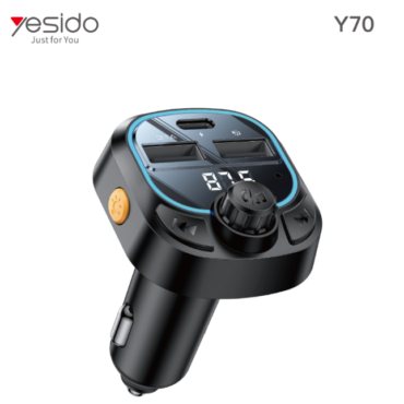 Yesido Y70 car charger with dual USB ports and a digital display shown up close against a white background