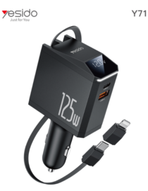 Yesido Y71 125W multi port car charger with USB C and USB A ports and a digital display shown plugged into a car lighter adapter