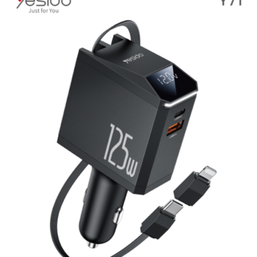 Yesido Y71 125W multi port car charger with USB C and USB A ports and a digital display shown plugged into a car lighter adapter
