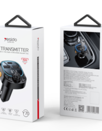 Packaging for Vesido FM Transmitter USB car Bluetooth transmitter with builtin decoder chip front shows device image on a white box