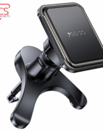 Black magnetic car phone holder clipped to a vehicle vent holding a smartphone
