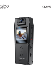 KM25 Yesido body worn camera with a front touchscreen displaying a mountain photo