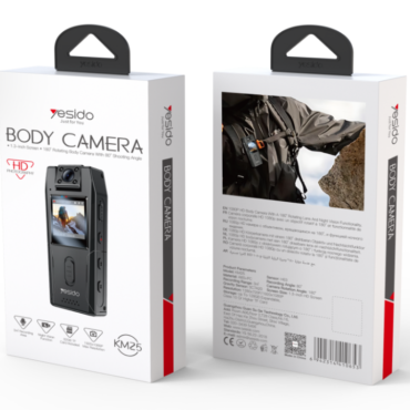 Two white Yesido Body Camera product boxes shown (front and back); front box displays a black body camera with screen, back box shows technical specs and an action shot of a person wearing the device.