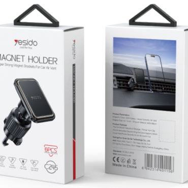 Two white product boxes labeled Magnet Holder by Vesido shown from front and back with a car vent mount image on each side