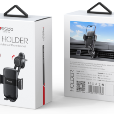 Front and back views of a white CAR HOLDER product box featuring a car phone mount and installation graphics on the front and back panels