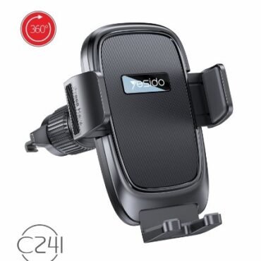 Besido car phone mount with vent clip and adjustable arms shown at an angled side view with 360° rotation indicator