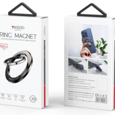Packaging for a ring magnet product, front shows a close-up of the metallic ring and the text 'RING MAGNET' with Esido logo.