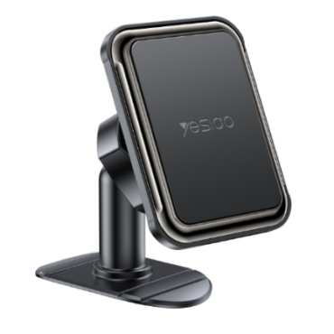 Black car phone holder with adjustable arm and suction base for dashboard or windshield use