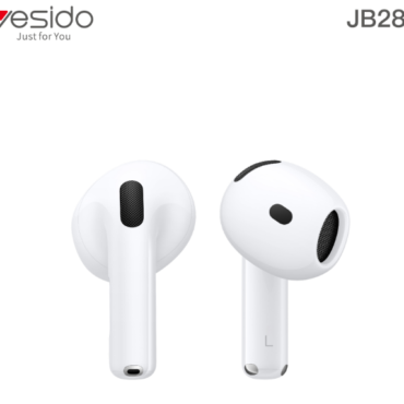 Pair of white wireless earbuds with short stems, shown from different angles; JB28 branding visible in the corner.