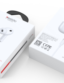 image699png - المول الشامل في الاردن Two white wireless earbud box designs on a light surface one shows a pair of earbuds the other displays a charging case with a USB C cable and branding