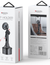 Cup Holder product box by Esido front shows adjustable clamp and accessory stand for iPhone with 270° tilt indication and minimalist design on white packaging Back panel displays mounted phone setup and specifications