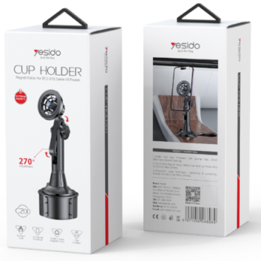 Cup Holder product box by Esido, front shows adjustable clamp and accessory stand for iPhone, with 270° tilt indication and minimalist design on white packaging. Back panel displays mounted phone setup and specifications.